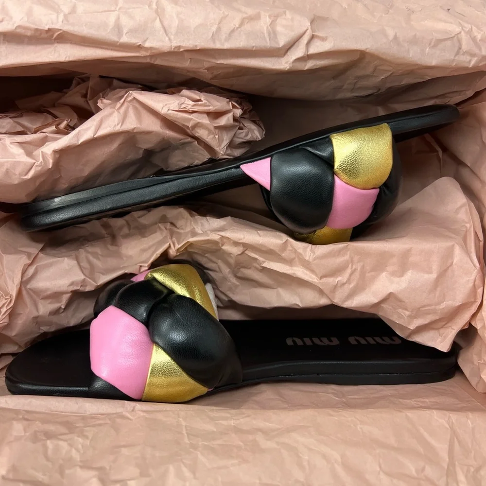 Miu Miu flat nappa leather sandals multicolor black EURO size 39/USA 9 - Picture 6 of 11